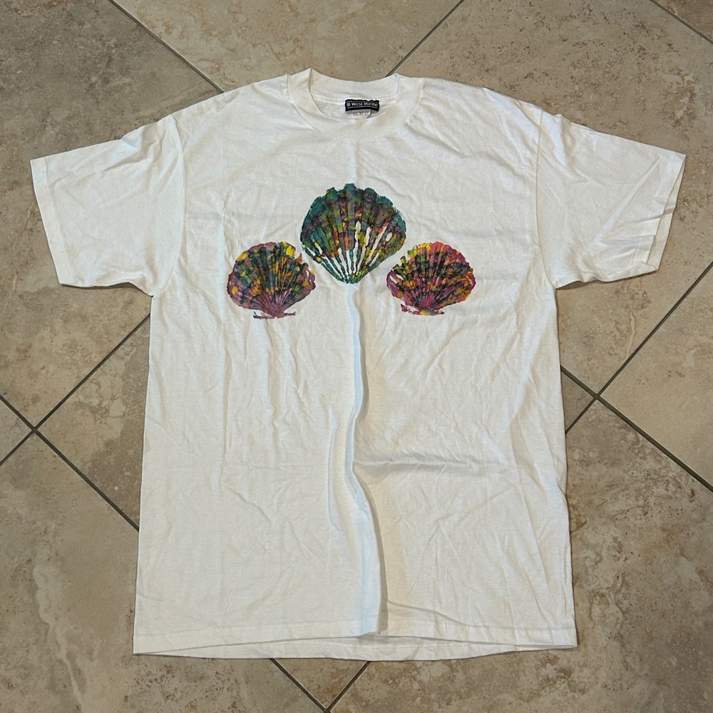 Vintage West Marine‎ Shirt Mens L White Shells Graphic Short Sleeve Cotton USA